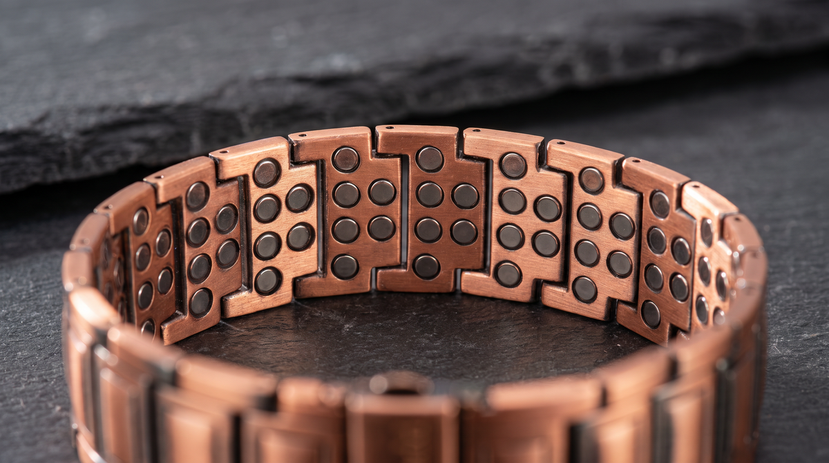Close-up of copper links and magnets