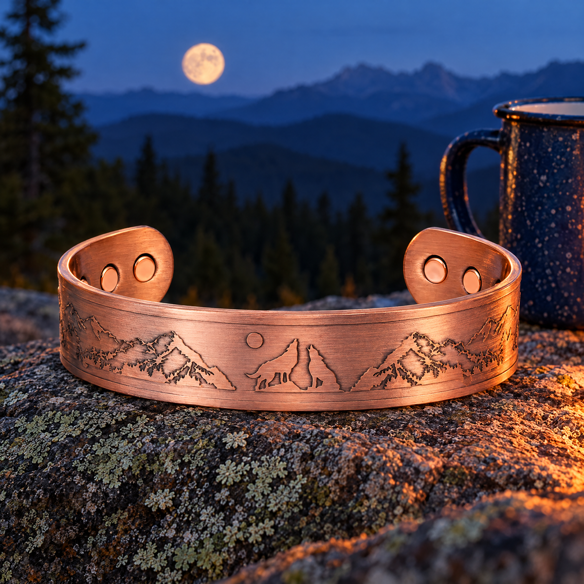 Willis Copper Mens Copper Bangle Wolf Bracelet Howling Wolves With Full Moon Wildlife Design