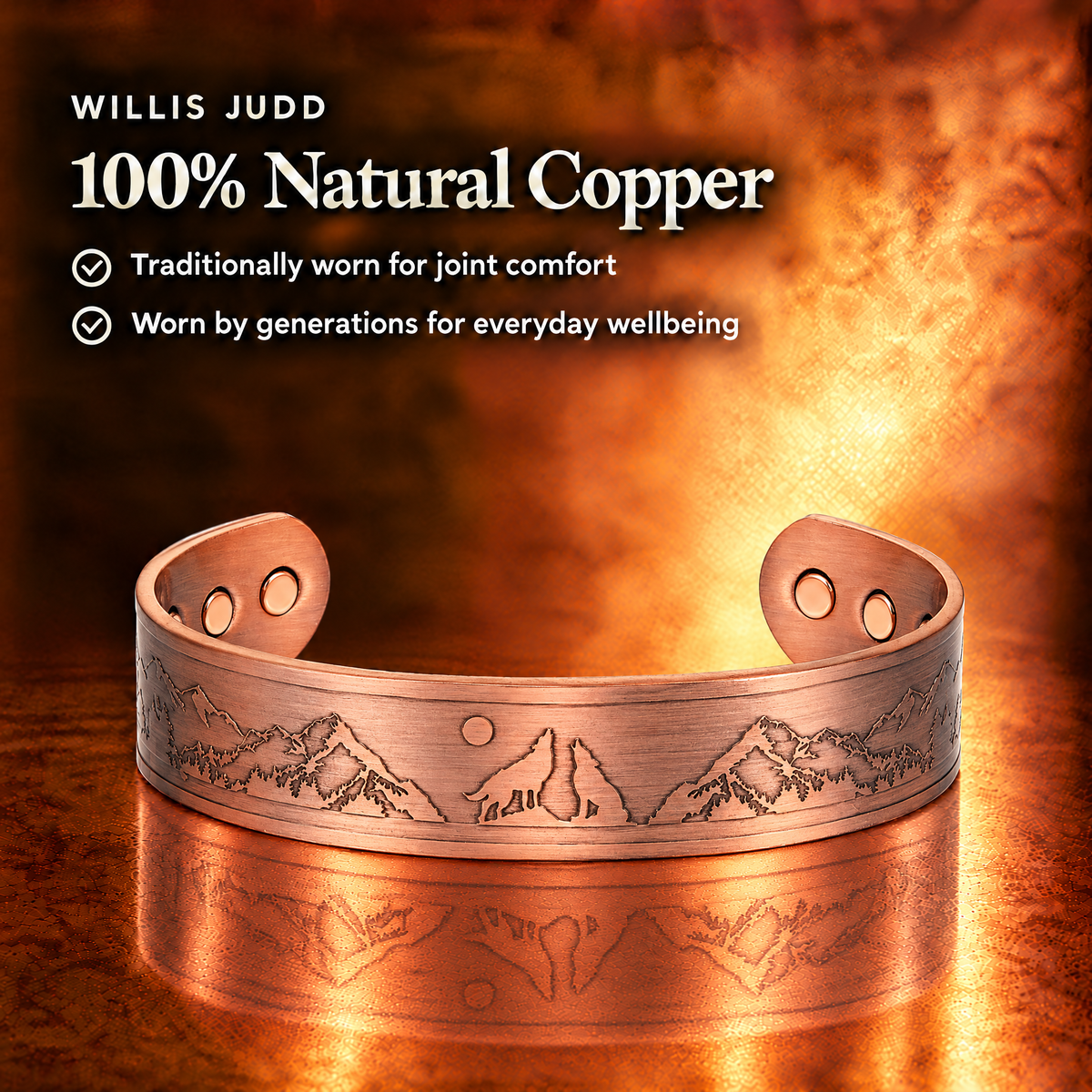 Willis Copper Mens Copper Bangle Wolf Bracelet Howling Wolves With Full Moon Wildlife Design