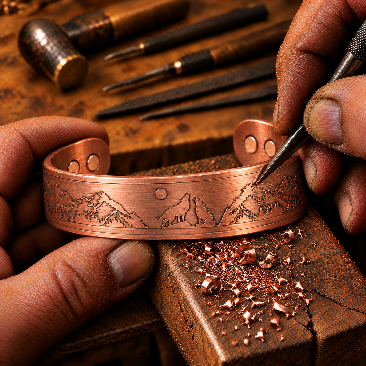 Willis Copper Mens Copper Bangle Wolf Bracelet Howling Wolves With Full Moon Wildlife Design