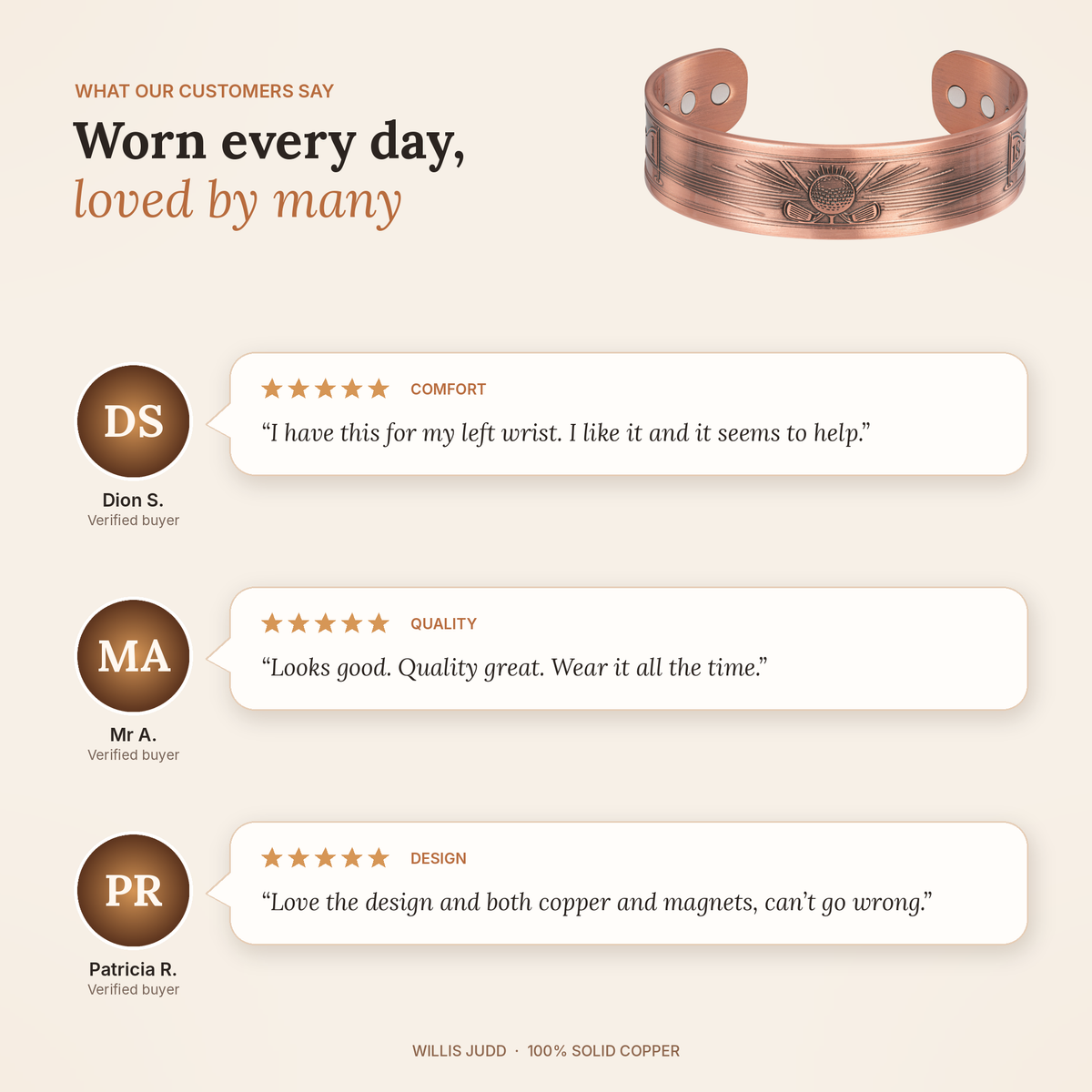 Willis Copper Mens Copper Bangle Golf Bracelet Style 2