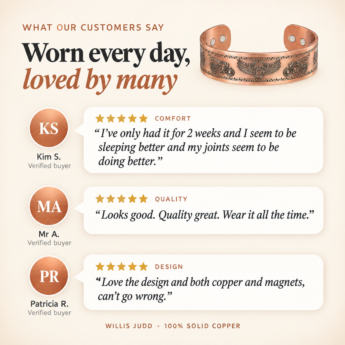 Willis Copper Mens Copper Bangle Biker Bracelet