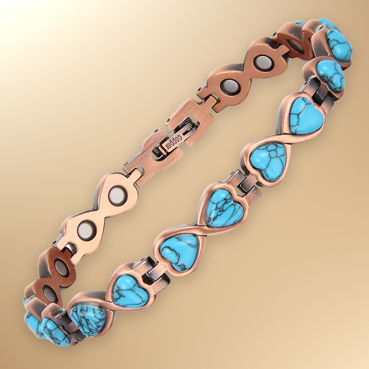 Ladies Copper Magnetic Therapy Bracelet - turquoise hearts