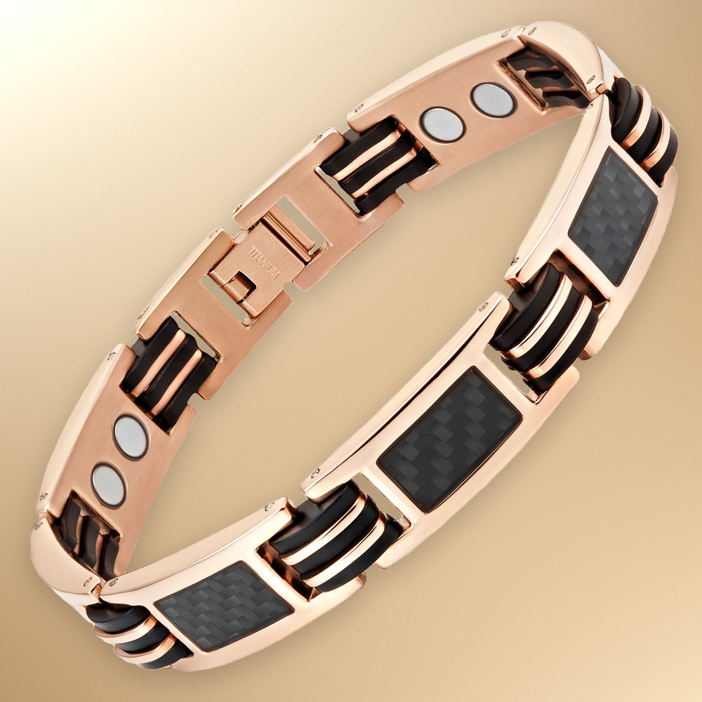 Men's Rose Gold Tone Magnetic Bracelet - Black Carbon Fibre