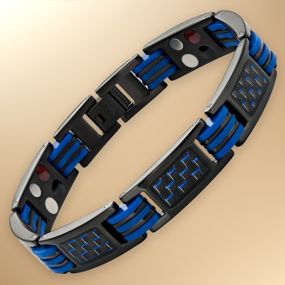 Mens Four Element Magnetic Blue Carbon Fiber Black Titanium Bracelet