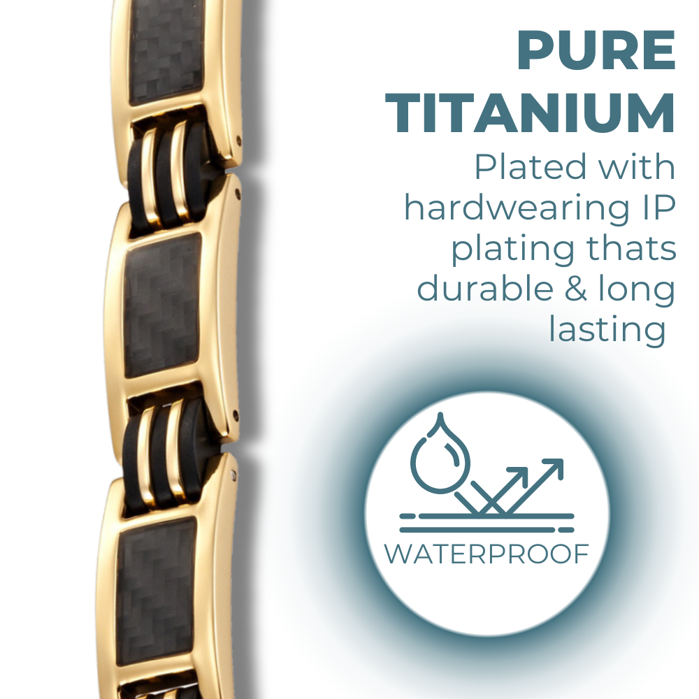 Mens Magnetic Therapy Bracelet- Gold Titanium with Black Carbon Fibre
