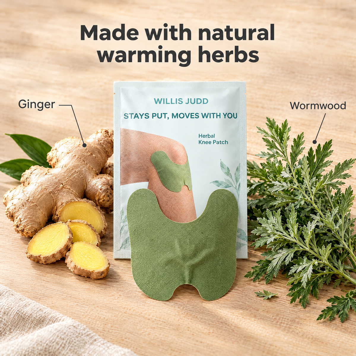 Herbal Knee Support Patches - Natural Warming Heat Therapy Plasters with Ginger & Wormwood for Joint & Muscle Pain Relief (30 Pack)