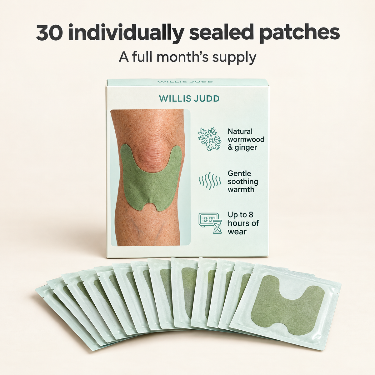 Herbal Knee Support Patches - Natural Warming Heat Therapy Plasters with Ginger & Wormwood for Joint & Muscle Pain Relief (30 Pack)