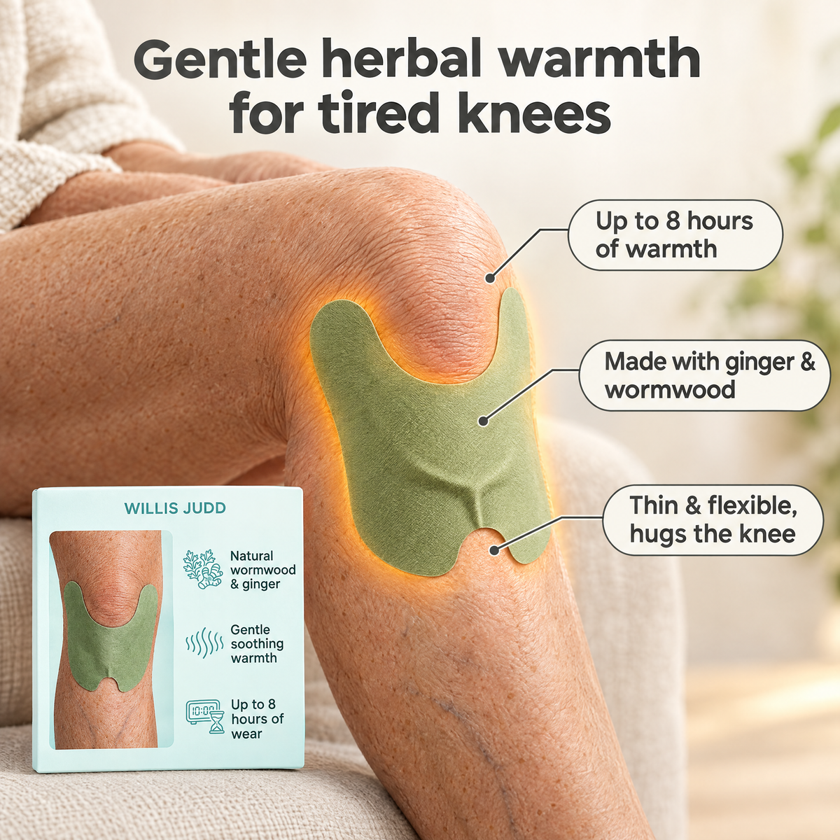 Herbal Knee Support Patches - Natural Warming Heat Therapy Plasters with Ginger & Wormwood for Joint & Muscle Pain Relief (30 Pack)