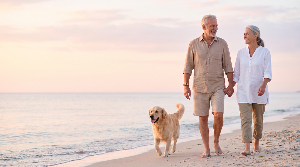 Couple walking on the beach at sunrise
