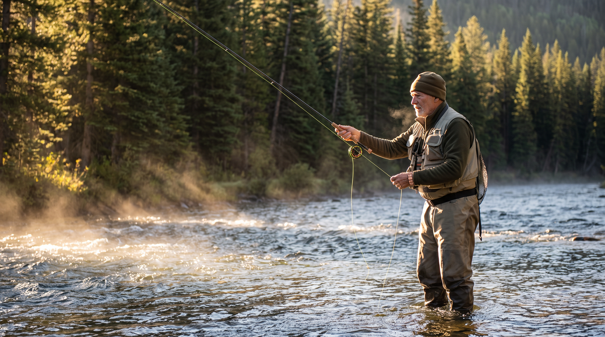 Man fly fishing at dawn wearing a copper bracelet