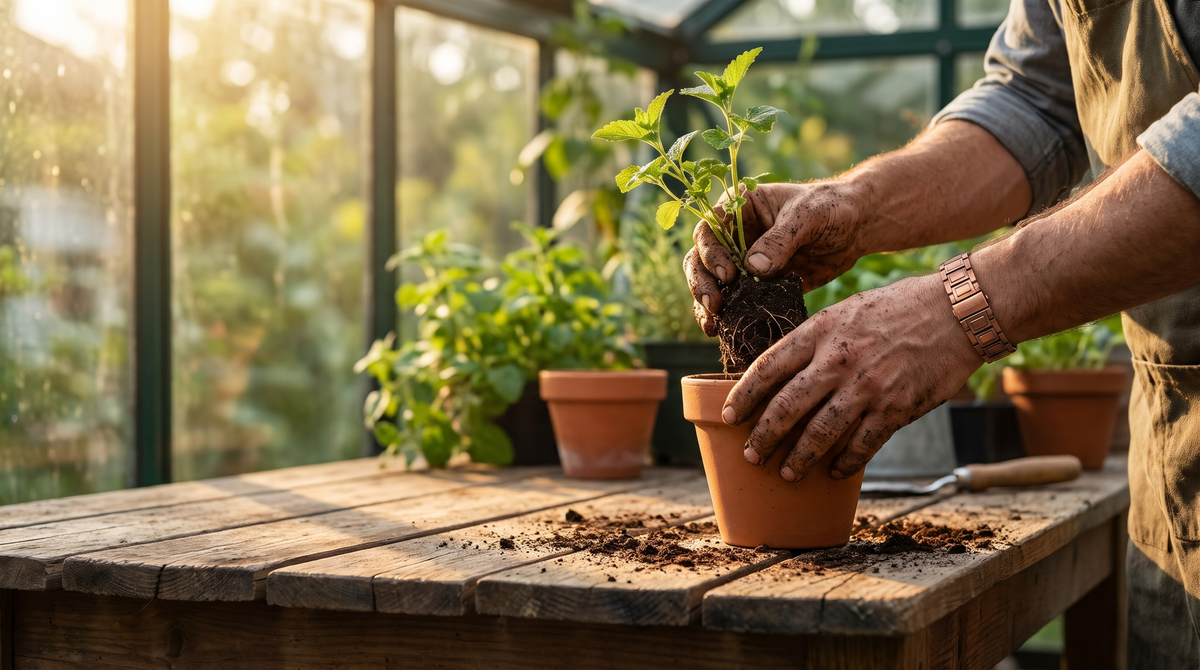 Hands potting a plant wearing a copper bracelet