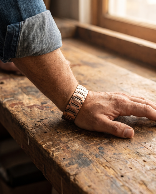 Men's copper bracelet on a workbench