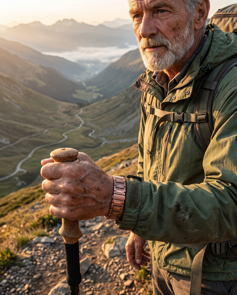 Man hiking wearing a copper bracelet
